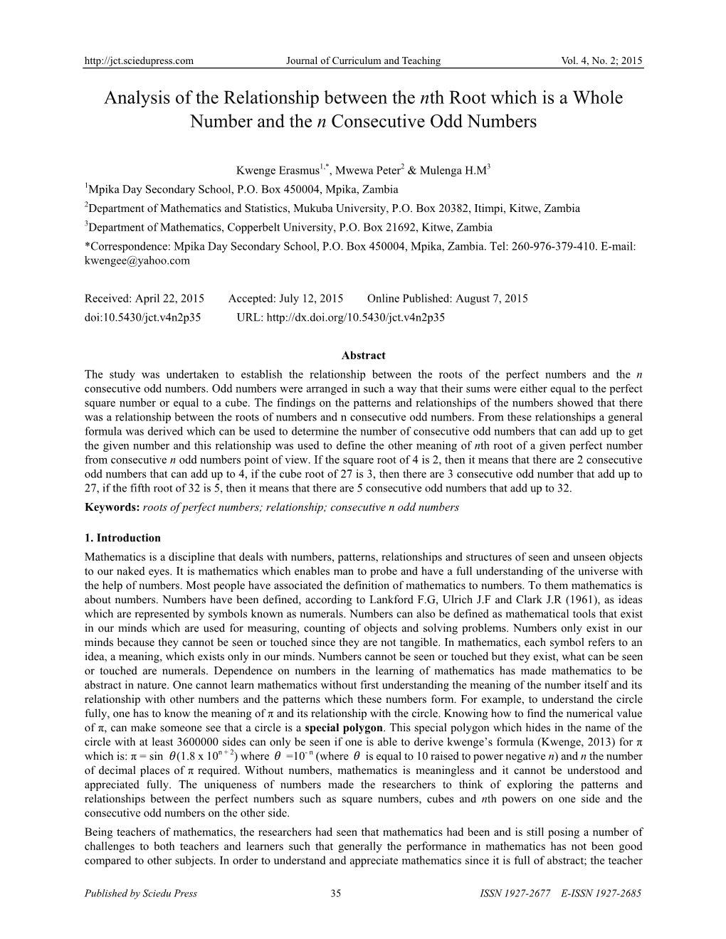 Analysis of the Relationship Between the Nth Root Which Is a Whole Number and the N Consecutive Odd Numbers