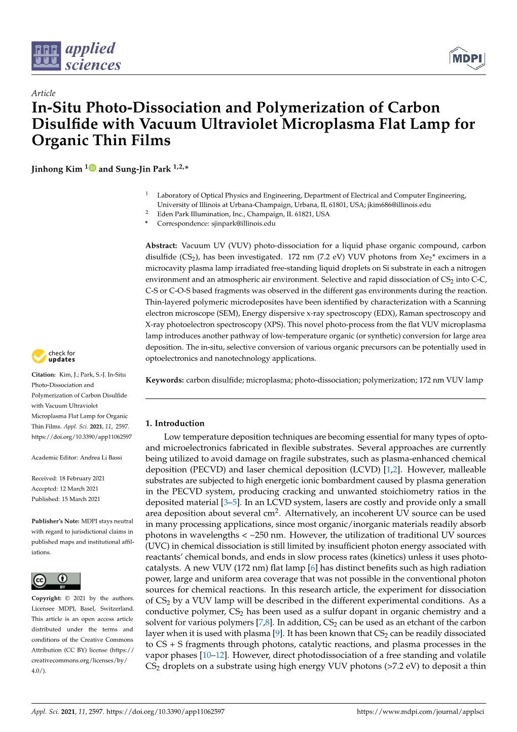 In-Situ Photo-Dissociation and Polymerization of Carbon Disulfide with Vacuum Ultraviolet Microplasma Flat Lamp for Organic Thin