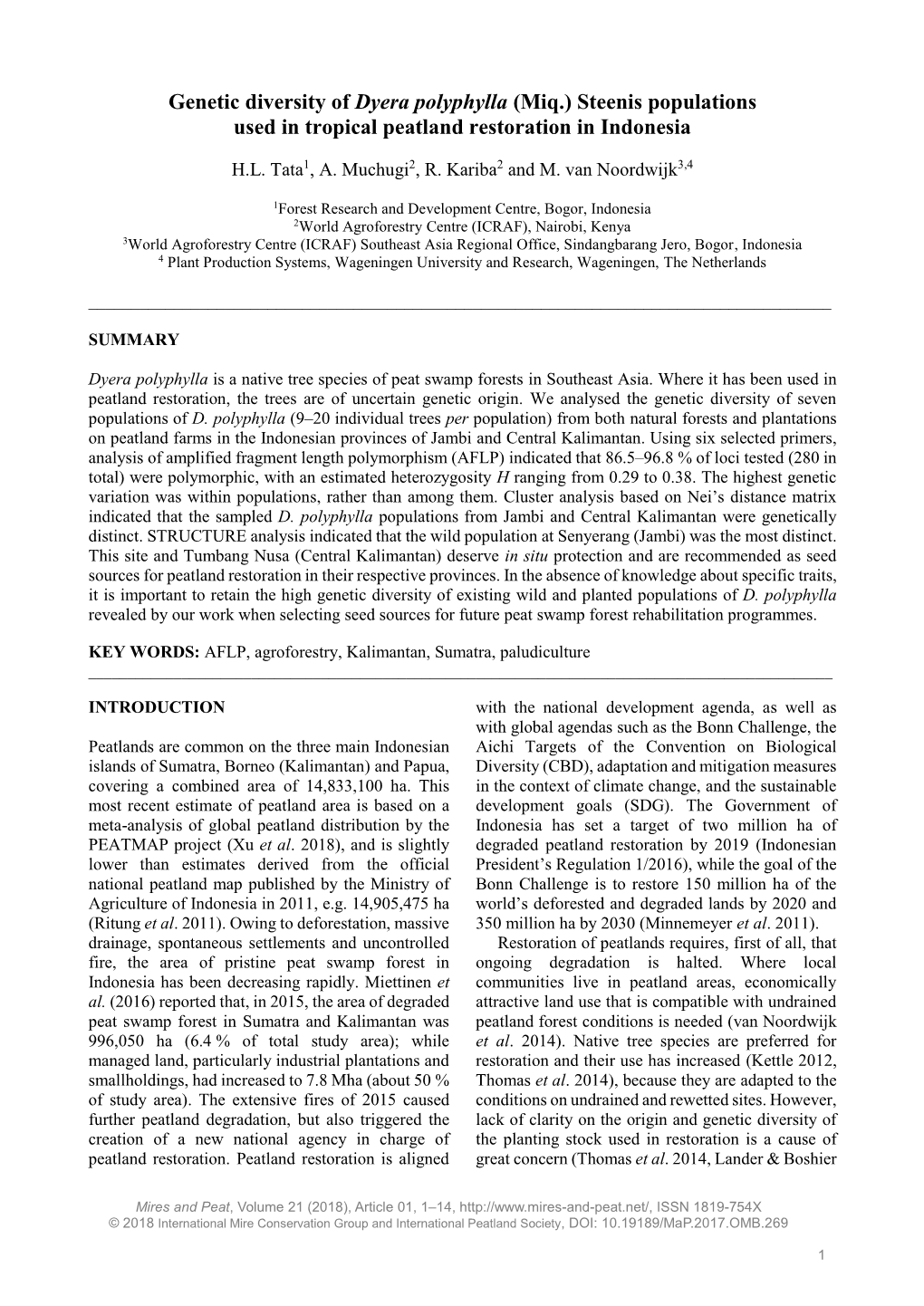 Genetic Diversity of Dyera Polyphylla (Miq.) Steenis Populations Used in Tropical Peatland Restoration in Indonesia