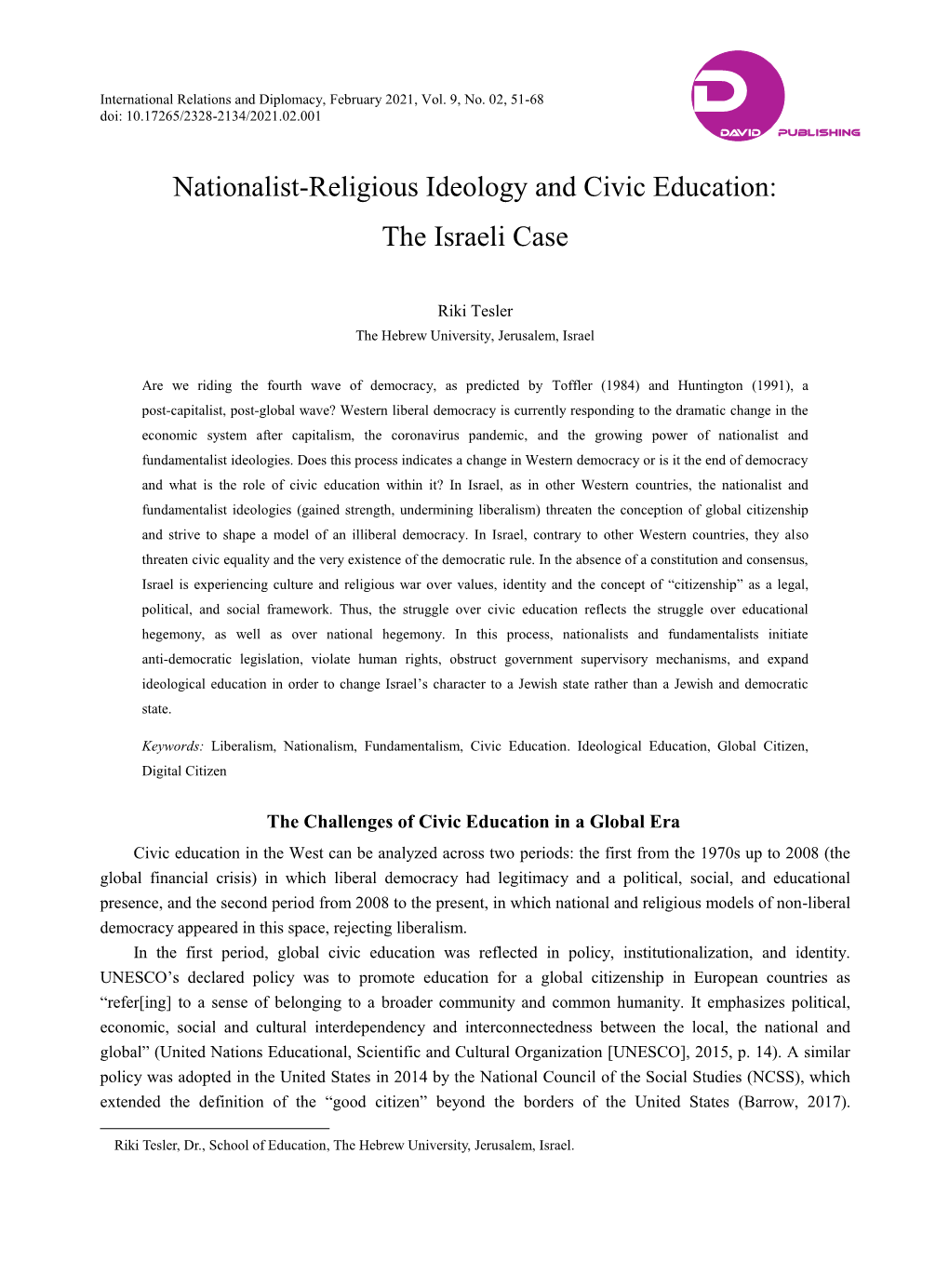 Nationalist-Religious Ideology and Civic Education: the Israeli Case