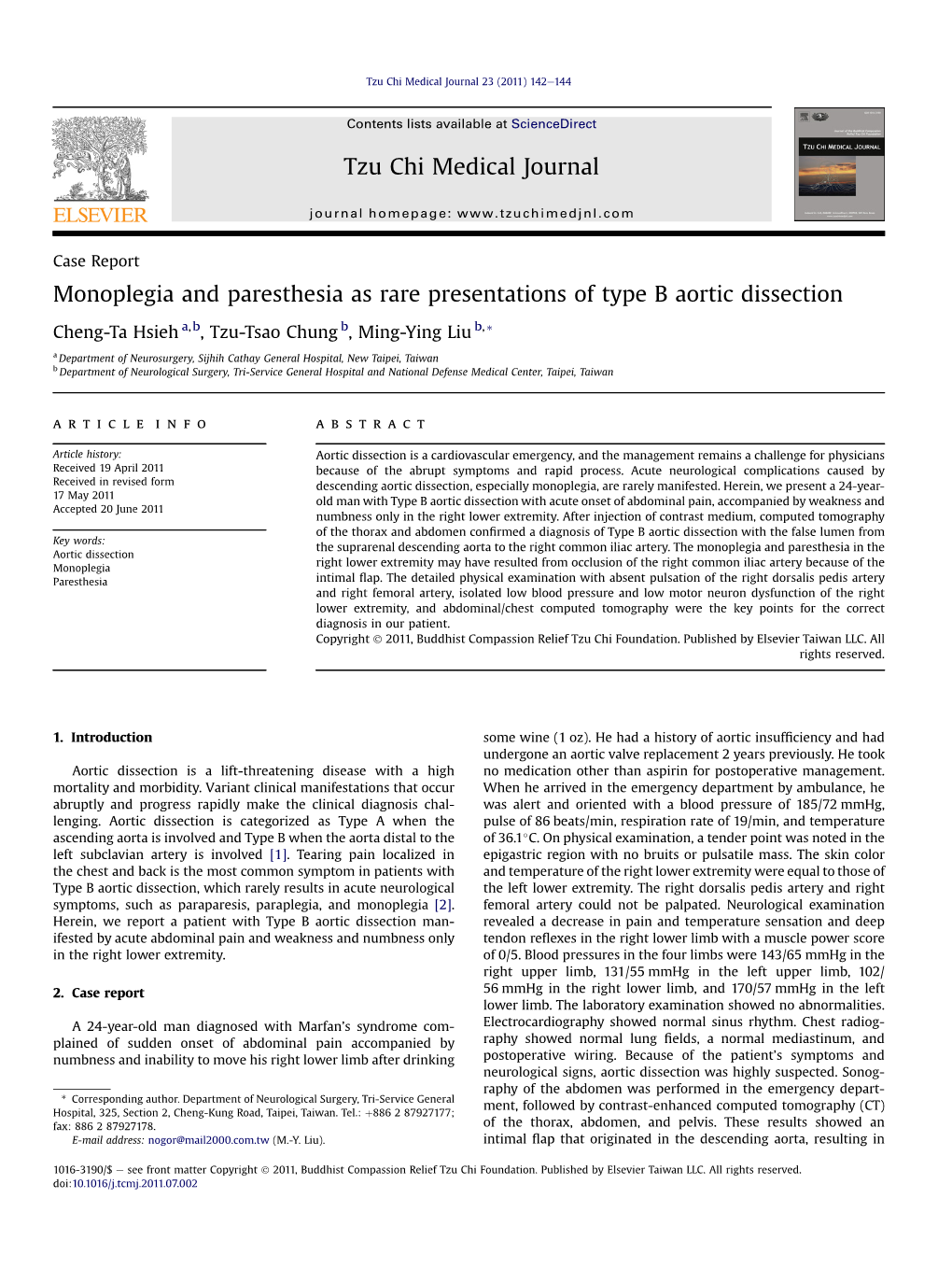 Monoplegia and Paresthesia As Rare Presentations of Type B Aortic Dissection