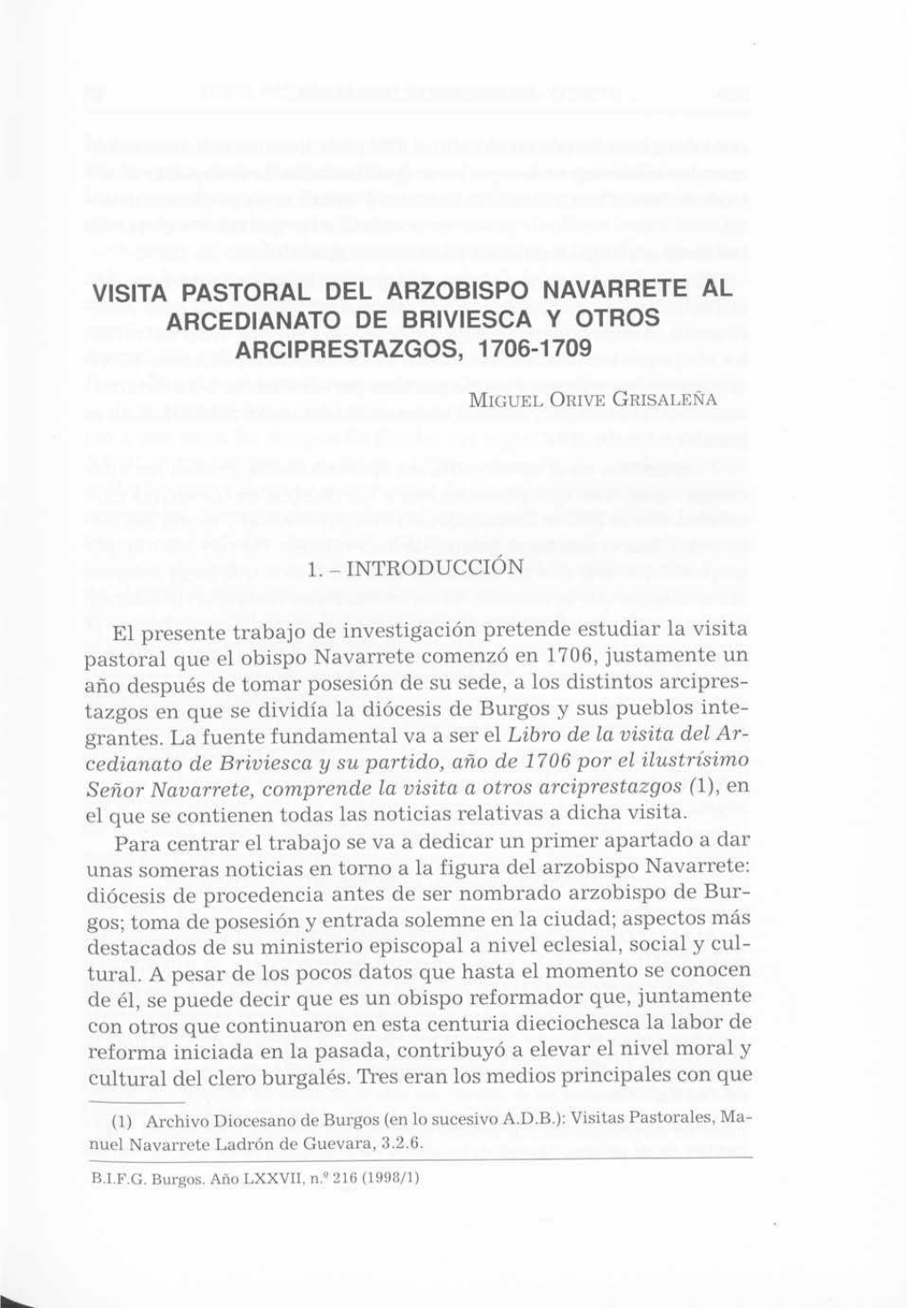 Visita Pastoral Del Arzobispo Navarrete Al Arcedianato De Briviesca Y Otros Arciprestazgos, 1706- 1709