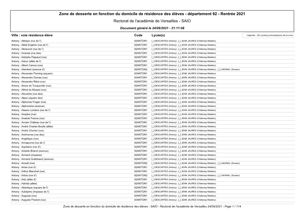 Zone De Desserte En Fonction Du Domicile De Résidence Des Élèves - Département 92 - Rentrée 2021 Rectorat De L'académie De Versailles - SAIO