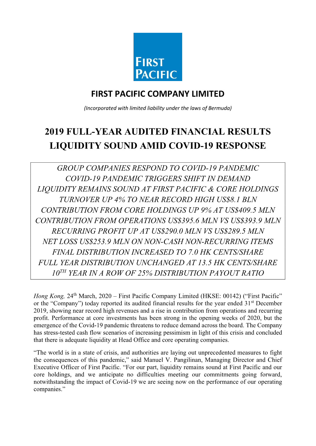 First Pacific 2019 Full-Year Audited Financial Results, Liquidity Sound