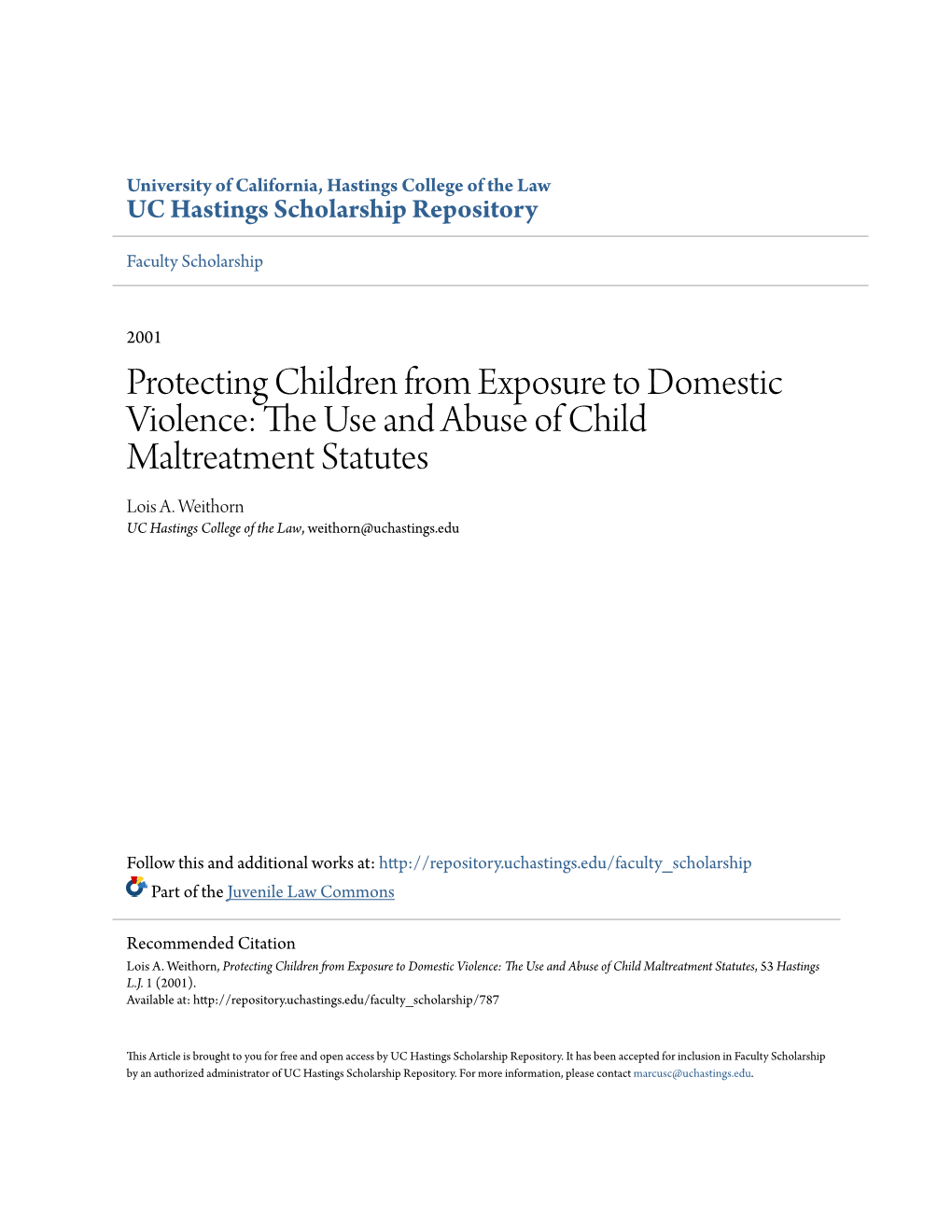Protecting Children from Exposure to Domestic Violence: the Use and Abuse of Child Maltreatment Statutes, 53 Hastings L.J