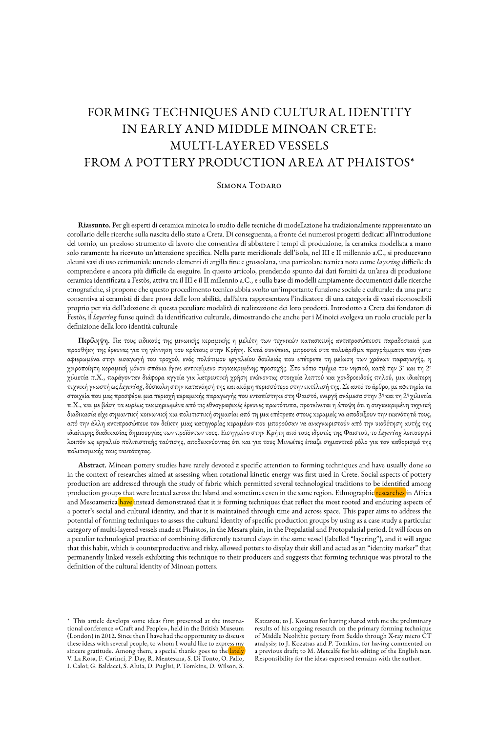 Forming Techniques and Cultural Identity in Early and Middle Minoan Crete: Multi-Layered Vessels from a Pottery Production Area at Phaistos*