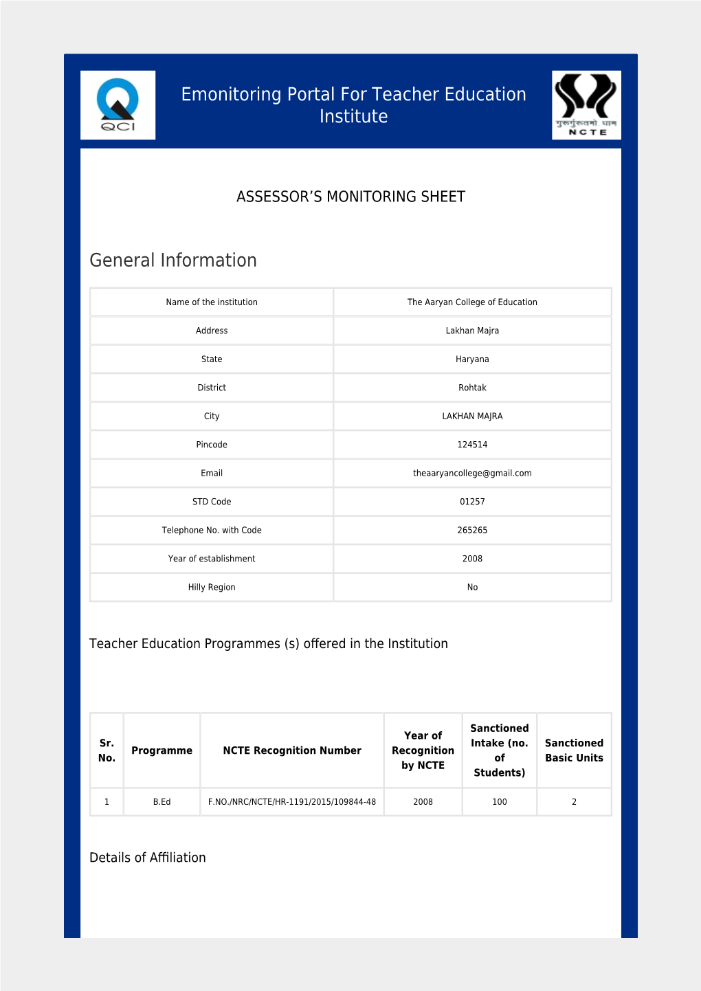 E-MONITORING PORTAL : Assessor Report