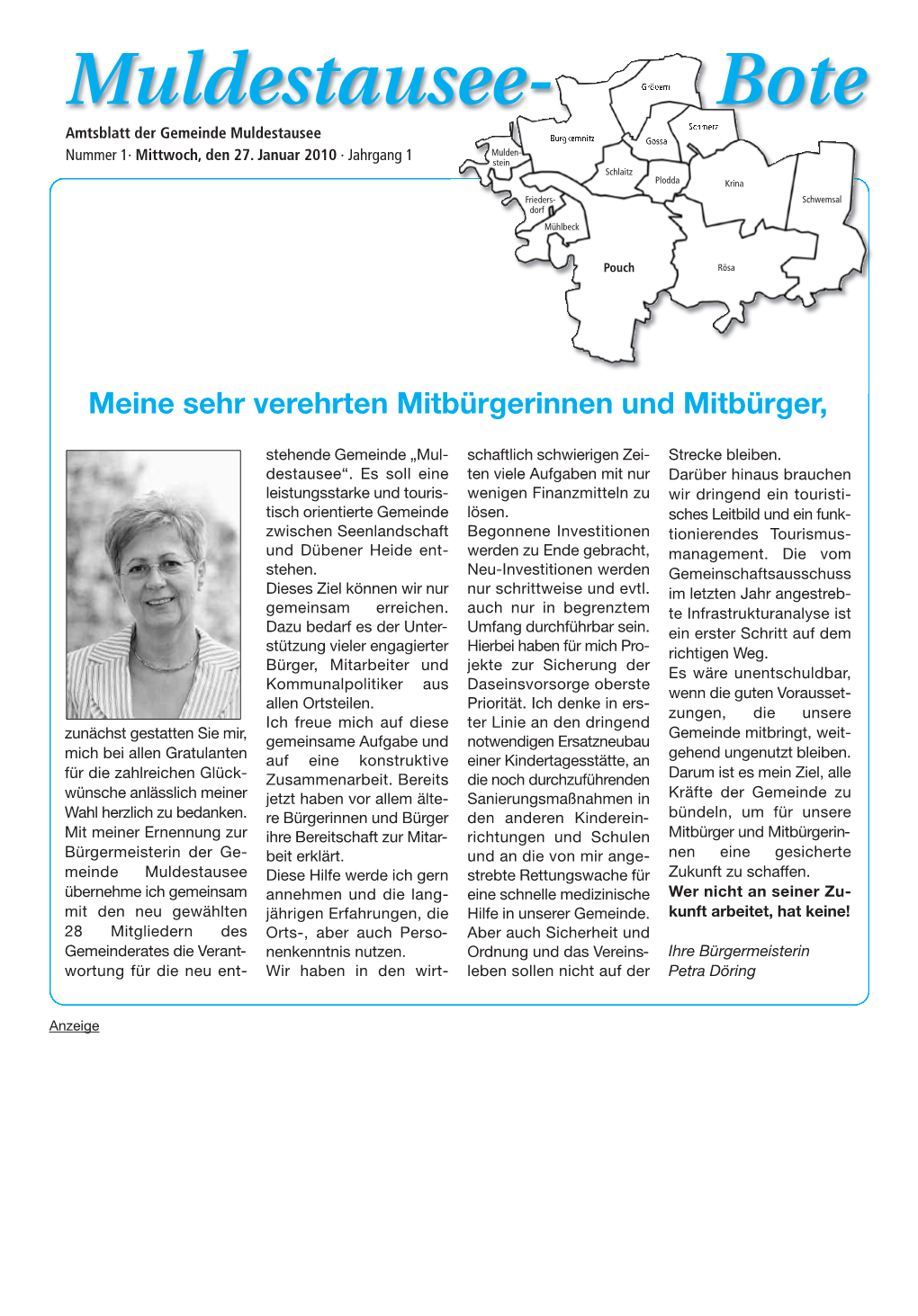 Bote Amtsblatt Der Gemeinde Muldestausee Schmerz Burgkemnitz Gossa Mulden- Nummer 1· Mittwoch, Den 27