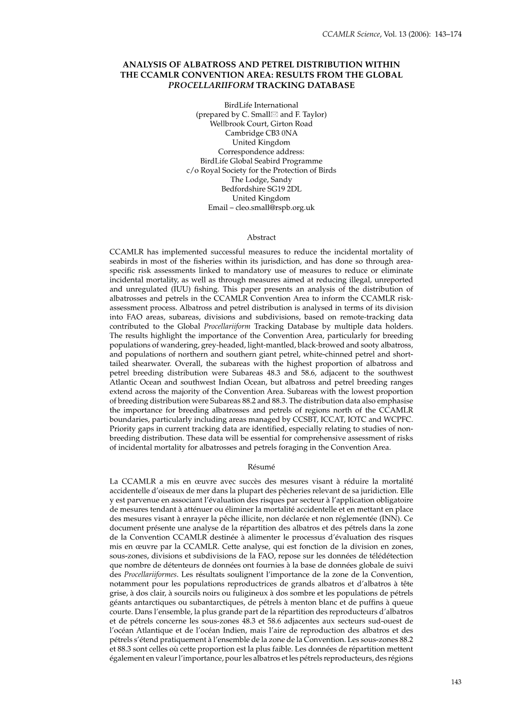 Analysis of Albatross and Petrel Distribution Within the CCAMLR Convention Area: Results from the Global Procellariiform Tracking Database