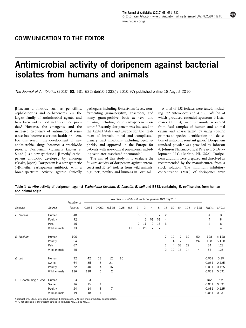 Antimicrobial Activity of Doripenem Against Bacterial Isolates from Humans and Animals