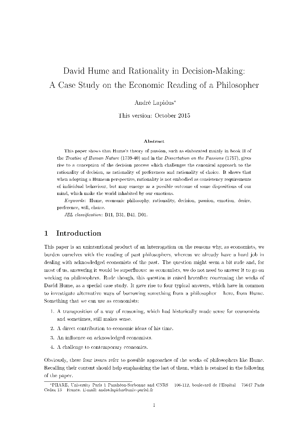 David Hume and Rationality in Decision-Making: a Case Study on the Economic Reading of a Philosopher