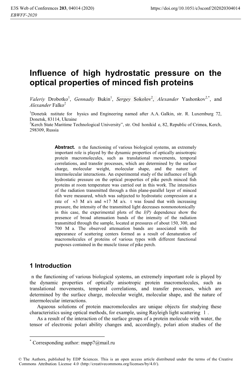 Influence of High Hydrostatic Pressure on the Optical Properties of Minced Fish Proteins