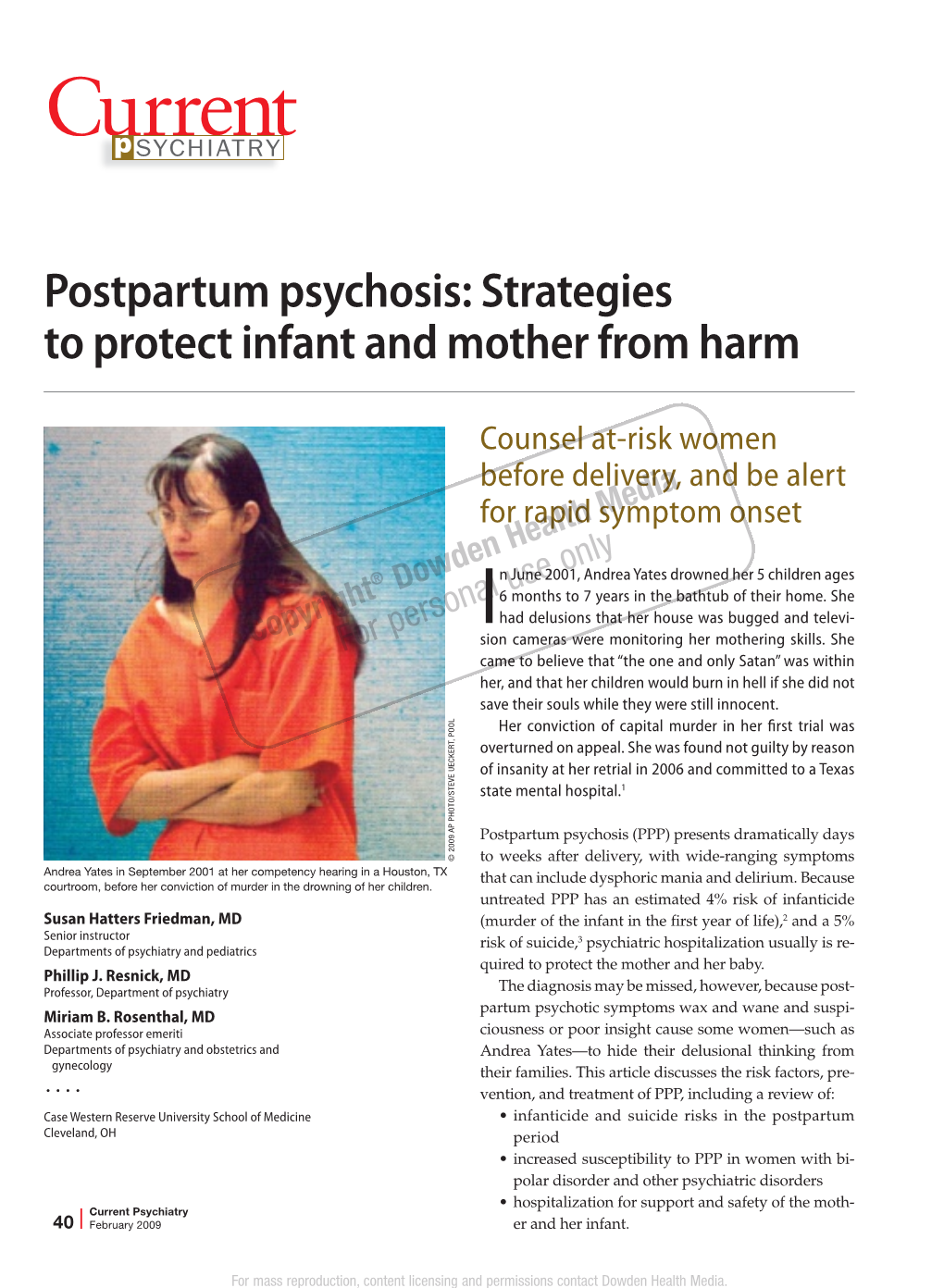 Postpartum Psychosis: Strategies to Protect Infant and Mother from Harm