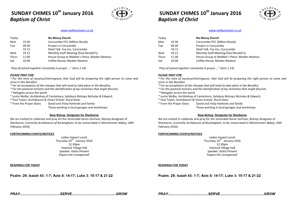 SUNDAY CHIMES 10Th January 2016 SUNDAY CHIMES 10Th January 2016 Baptism of Christ Baptism of Christ