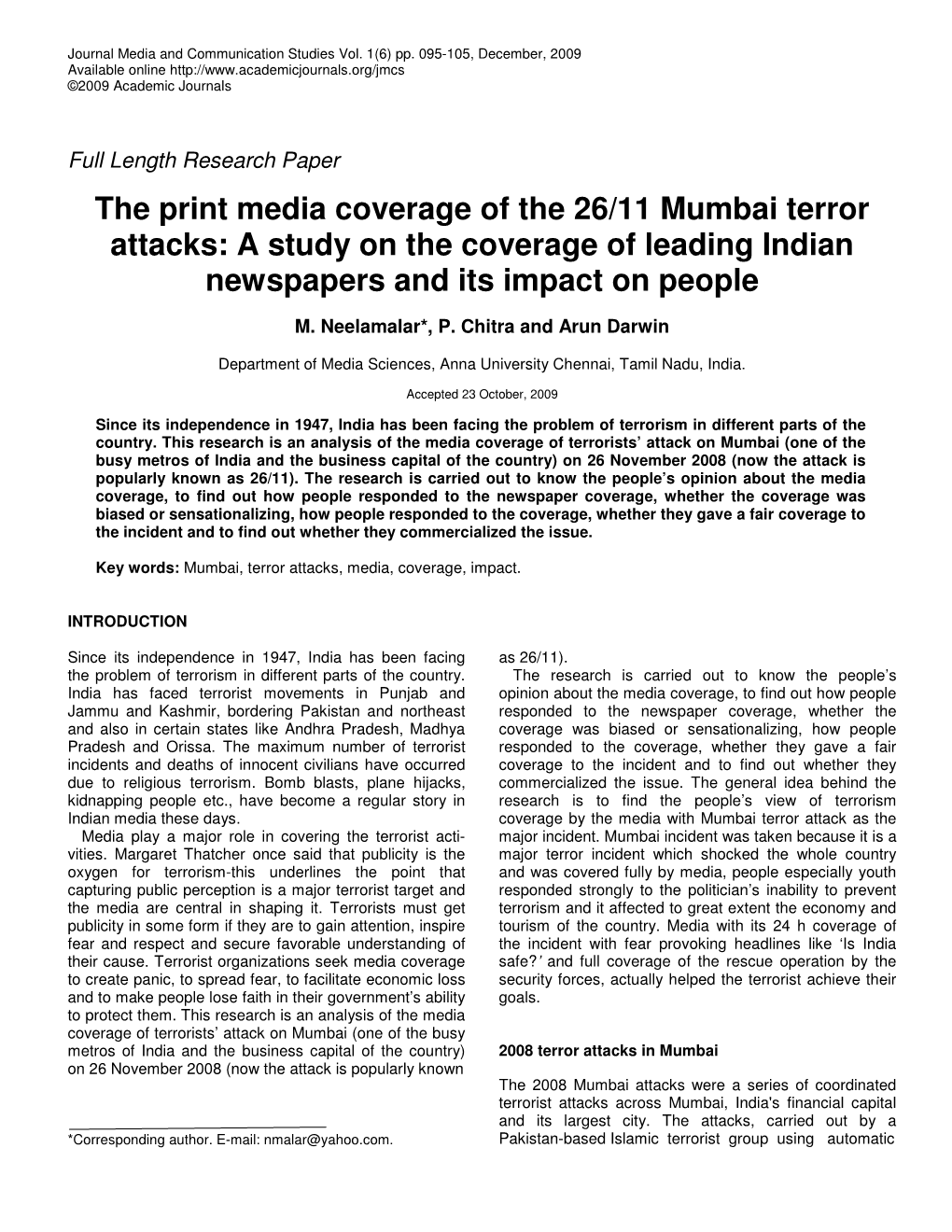 The Print Media Coverage of the 26/11 Mumbai Terror Attacks: a Study on the Coverage of Leading Indian Newspapers and Its Impact on People