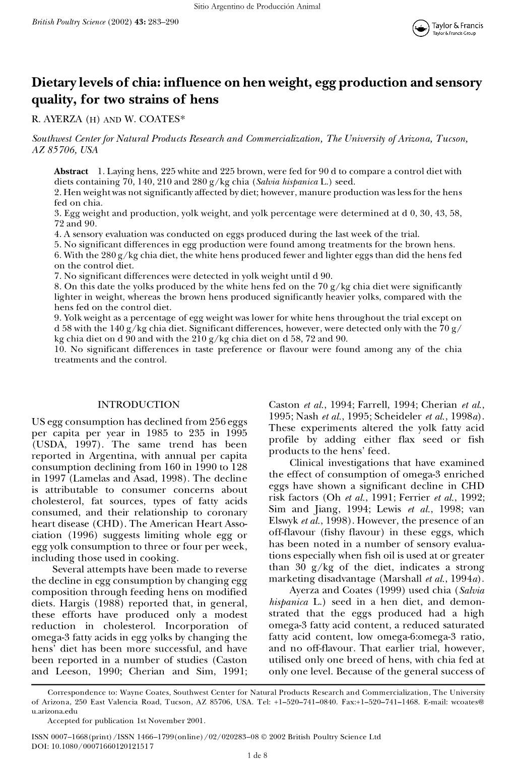 Dietary Levels of Chia: Influence on Hen Weight, Egg Production and Sensory Quality, for Two Strains of Hens