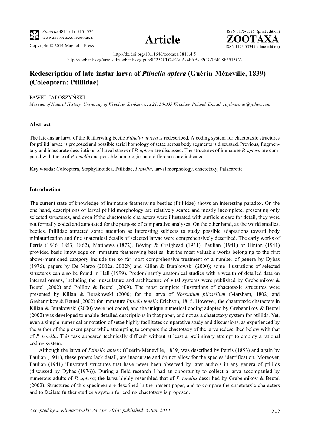 Redescription of Late-Instar Larva of Ptinella Aptera (Guérin-Méneville, 1839) (Coleoptera: Ptiliidae)