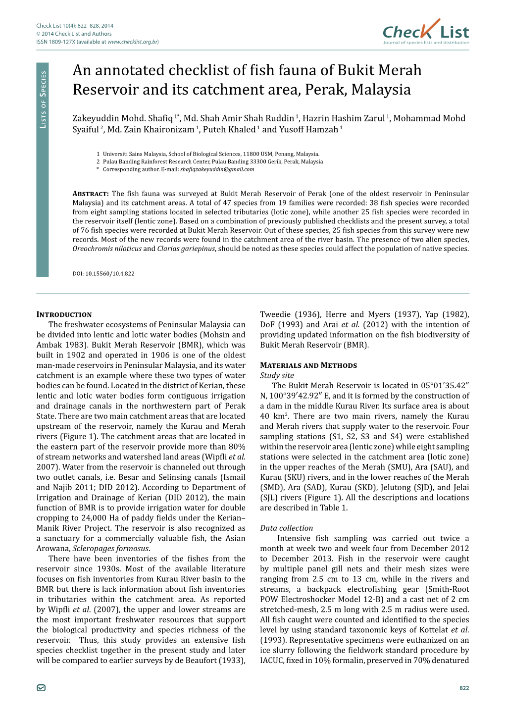 Chec List an Annotated Checklist of Fish Fauna of Bukit Merah Reservoir