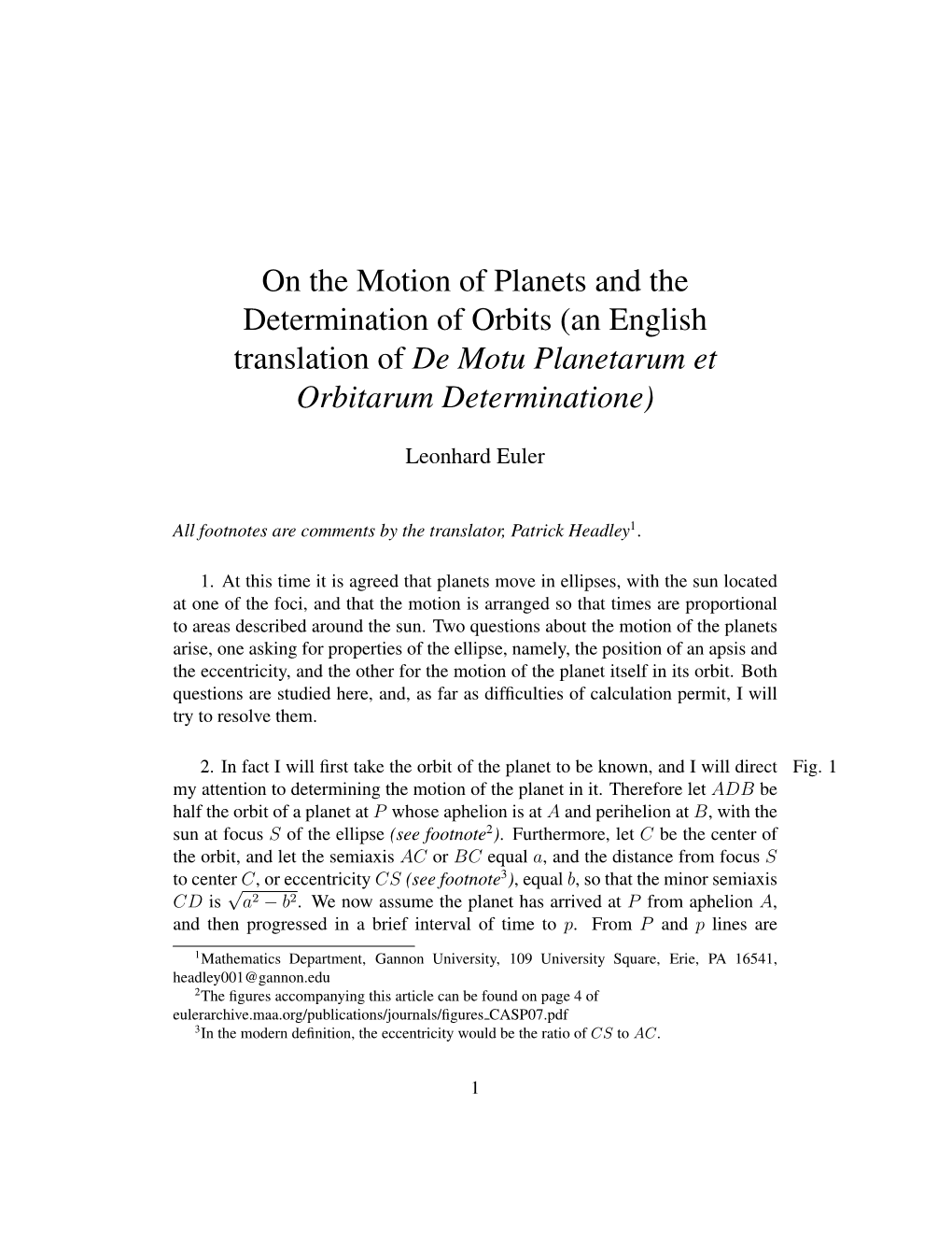 On the Motion of Planets and the Determination of Orbits (An English Translation of De Motu Planetarum Et Orbitarum Determinatione)