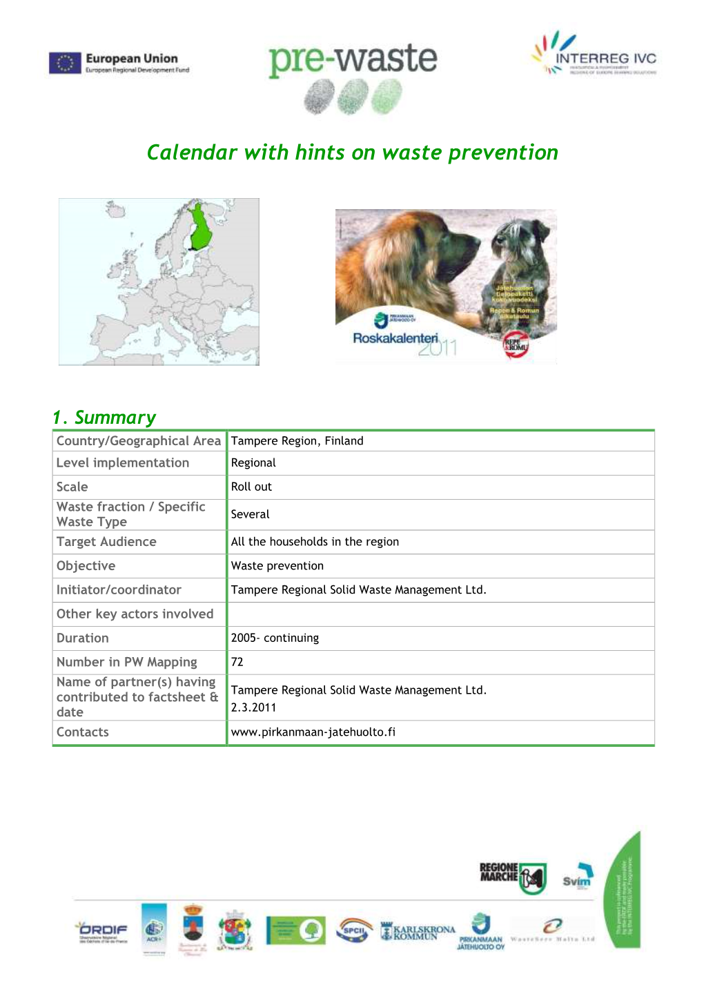 Calendar with Hints on Waste Prevention 1. Summary