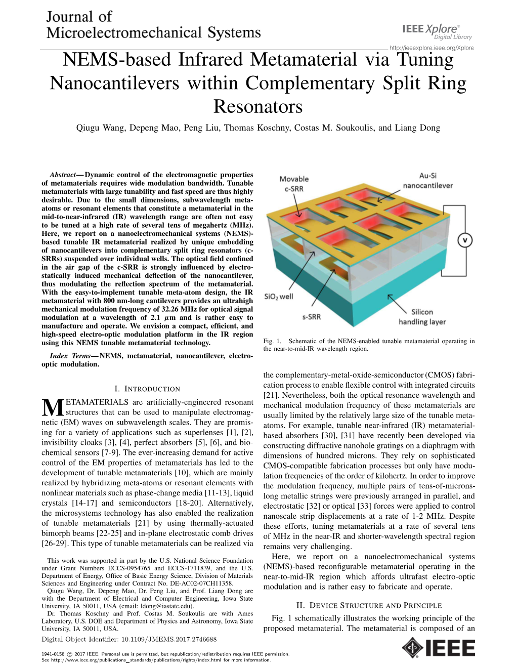 NEMS-Based Infrared Metamaterial Via Tuning Nanocantilevers Within Complementary Split Ring Resonators Qiugu Wang, Depeng Mao, Peng Liu, Thomas Koschny, Costas M