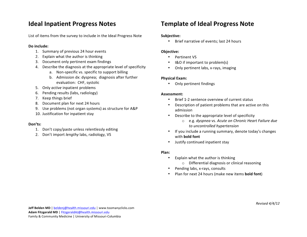 Ideal Inpatient Progress Notes Template of Ideal Progress Note