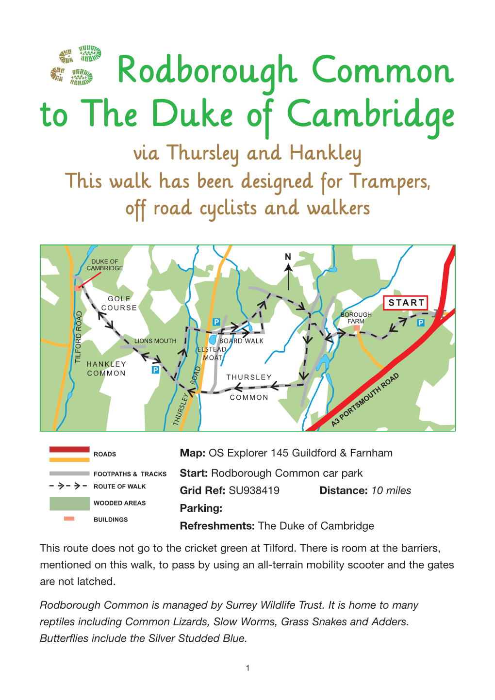 Rodborough Common to the Duke of Cambridge Via Thursley and Hankley This Walk Has Been Designed for Trampers, Off Road Cyclists and Walkers