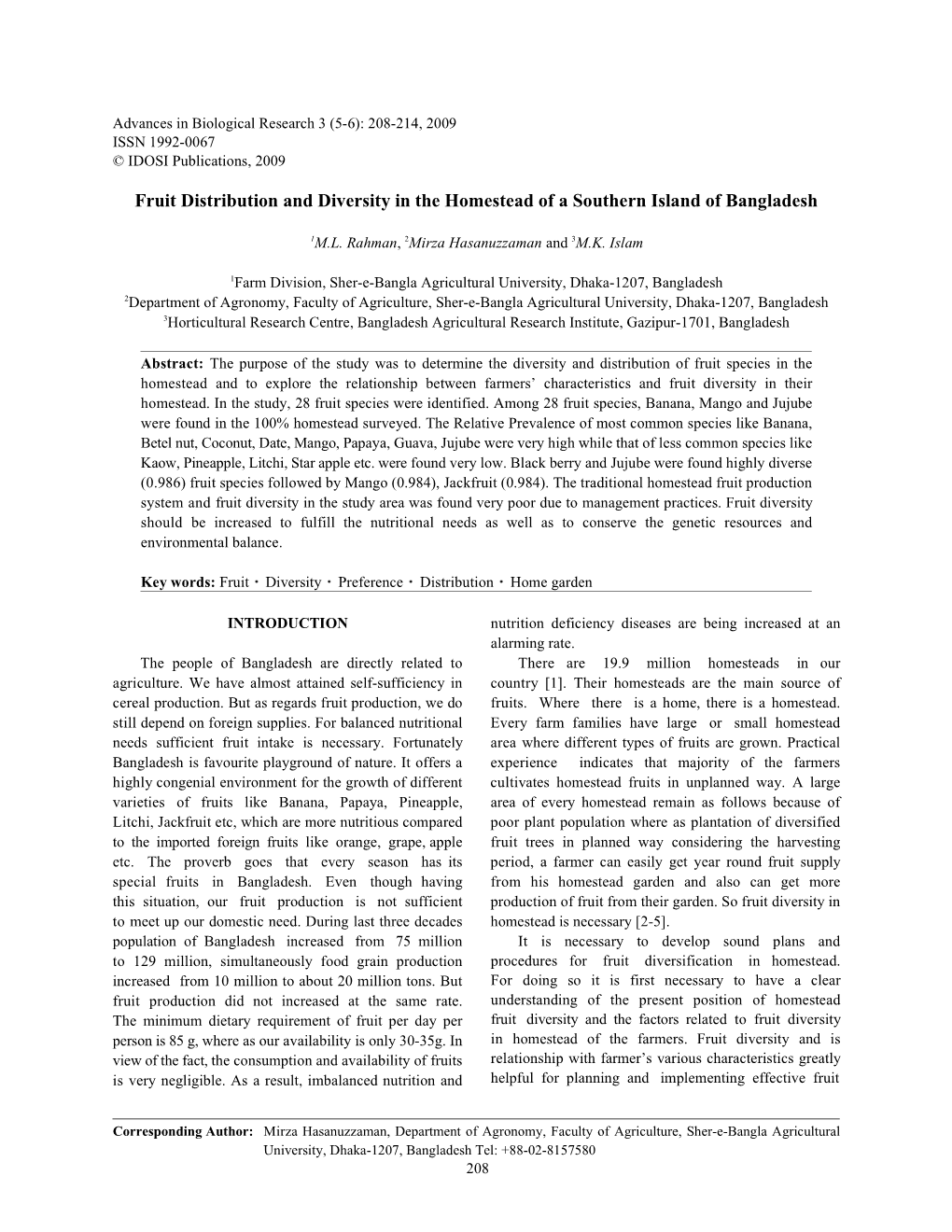 Fruit Distribution and Diversity in the Homestead of a Southern Island of Bangladesh