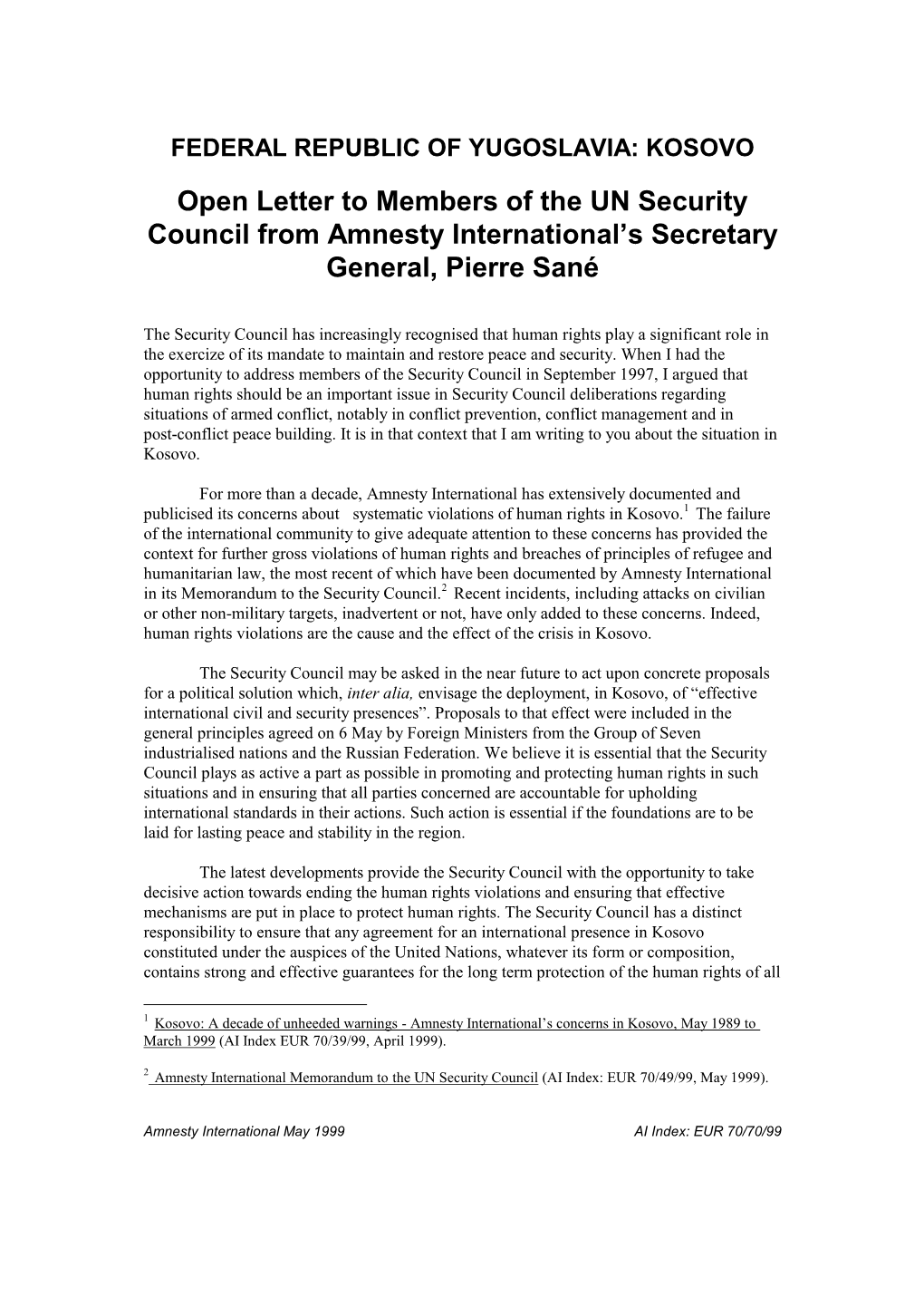 Open Letter to Members of the UN Security Council from Amnesty International’S Secretary General, Pierre Sané