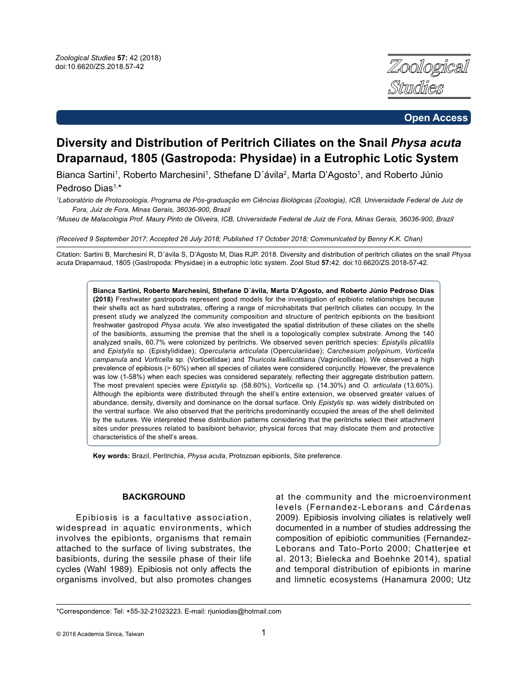 Diversity and Distribution of Peritrich Ciliates on the Snail Physa Acuta