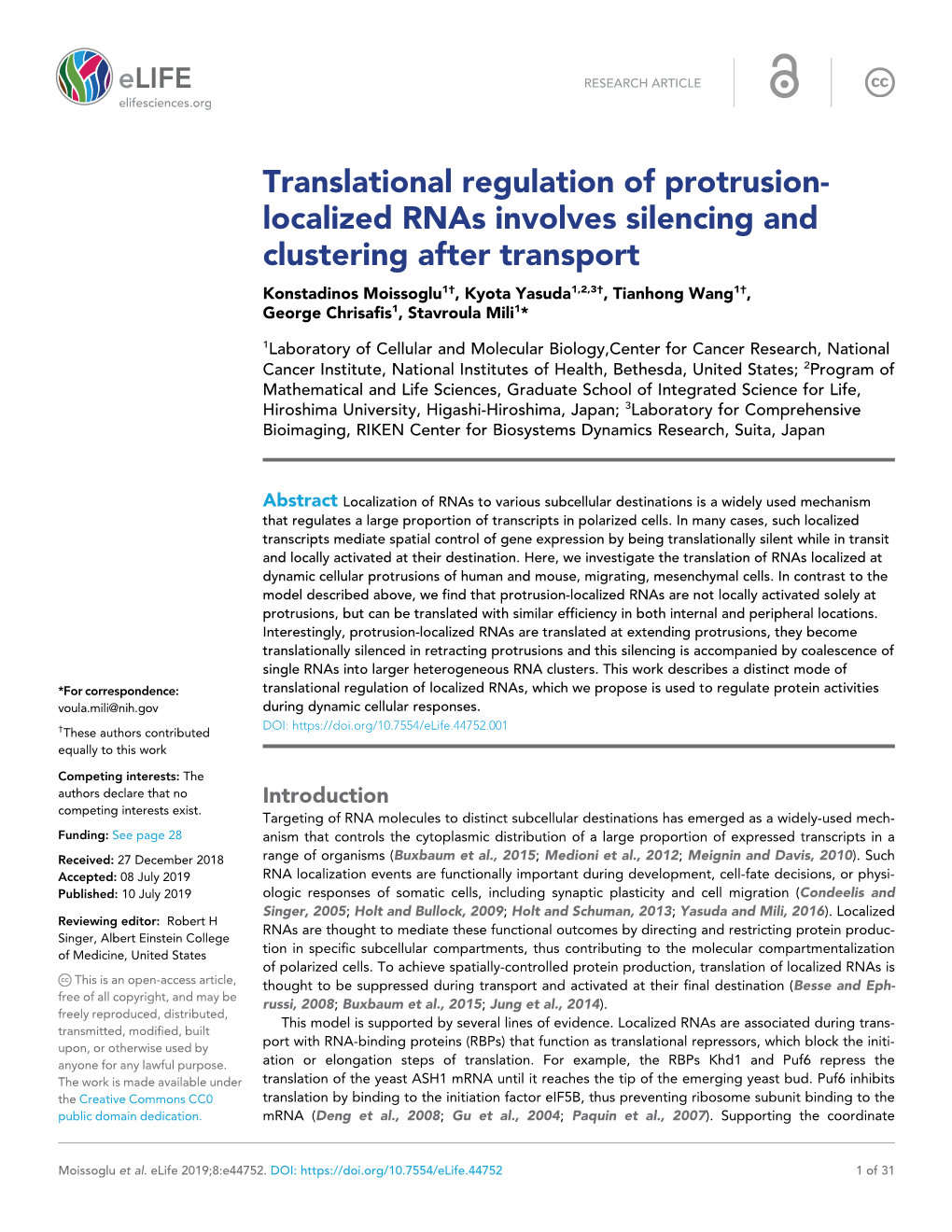 Localized Rnas Involves Silencing and Clustering After Transport Konstadinos Moissoglu1†, Kyota Yasuda1,2,3†, Tianhong Wang1†, George Chrisafis1, Stavroula Mili1*