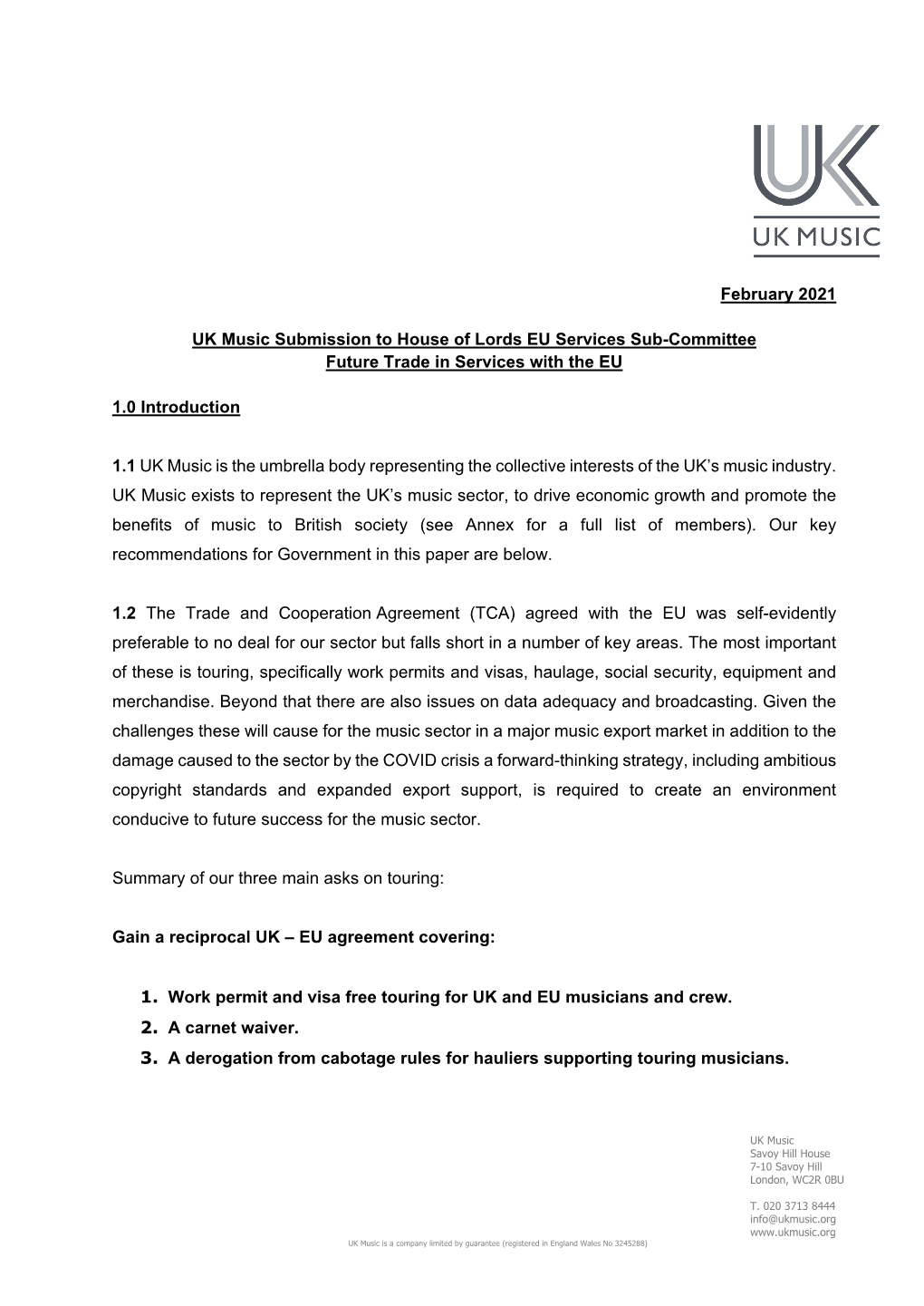 UK Music Submission to House of Lords EU Services Sub-Committee Future Trade in Services with the EU