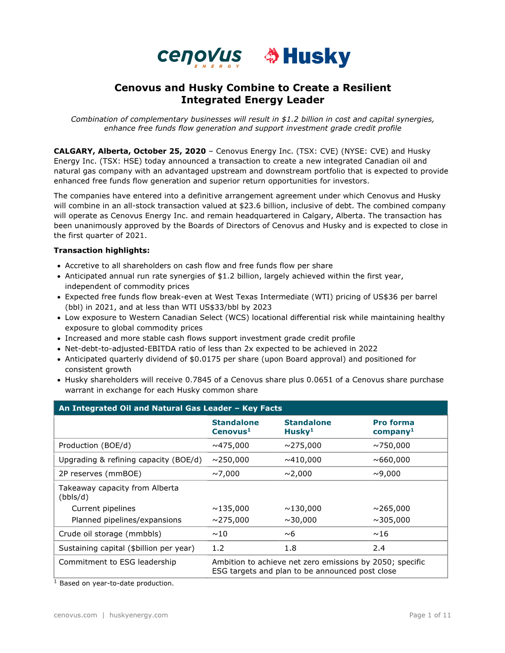 Cenovus and Husky Transaction News Release