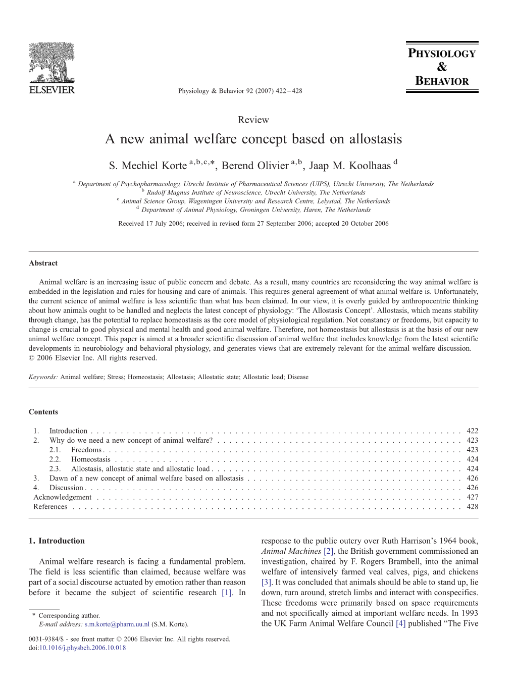 A New Animal Welfare Concept Based on Allostasis ⁎ S
