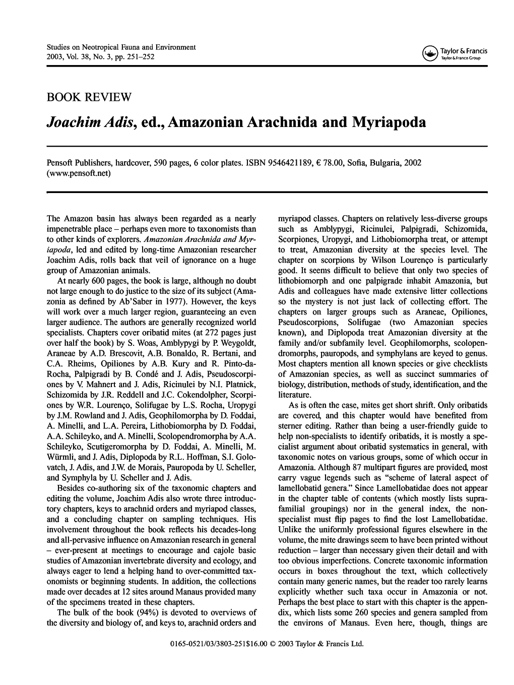 Joachim Adis, Ed., Amazonian Arachnida and Myriapoda