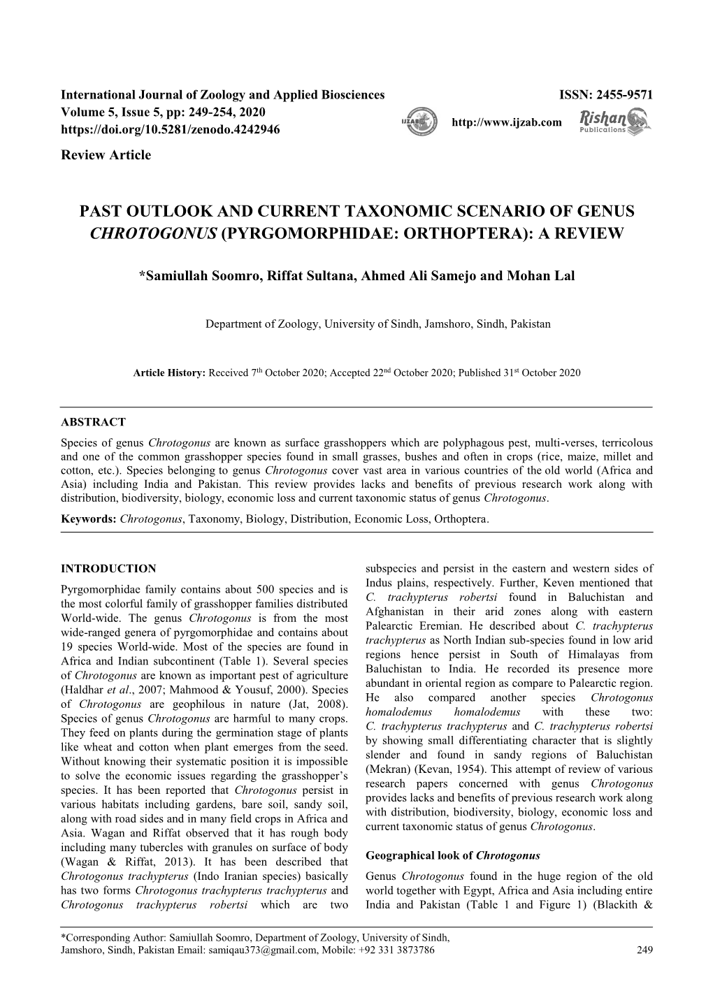 Past Outlook and Current Taxonomic Scenario of Genus Chrotogonus (Pyrgomorphidae: Orthoptera): a Review