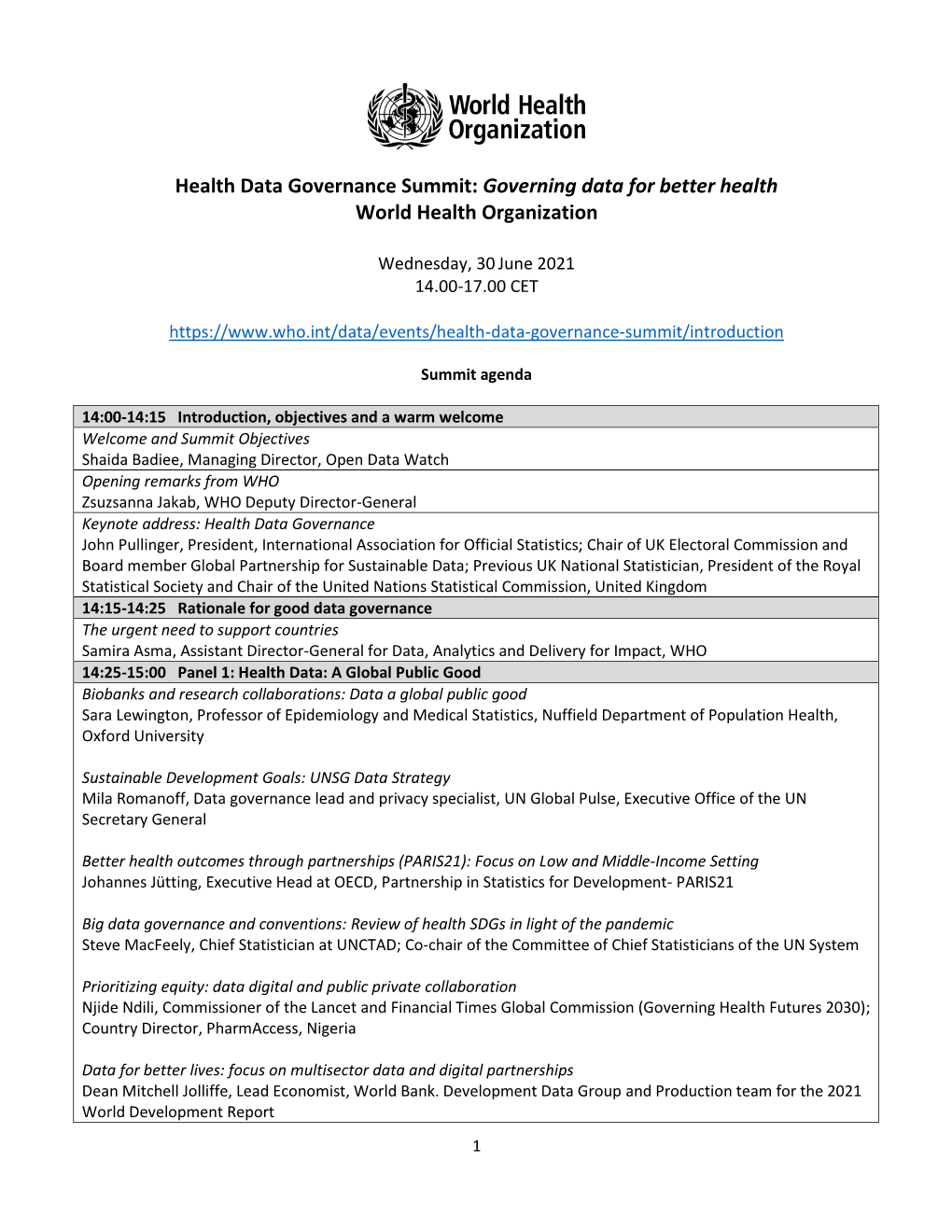 Health Data Governance Summit: Governing Data for Better Health World Health Organization