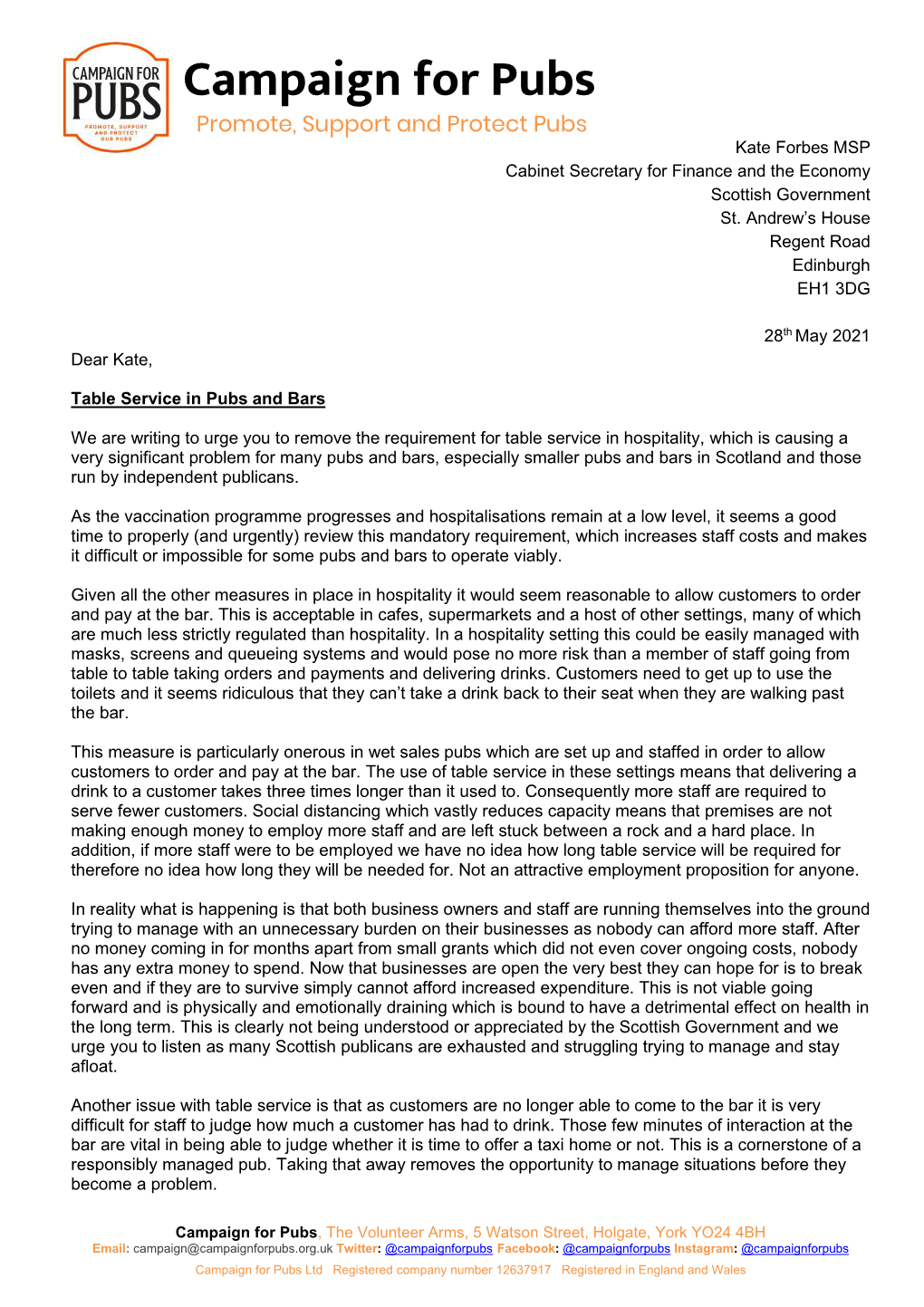 Campaign for Pubs Letter to the Scottish Government Re Table