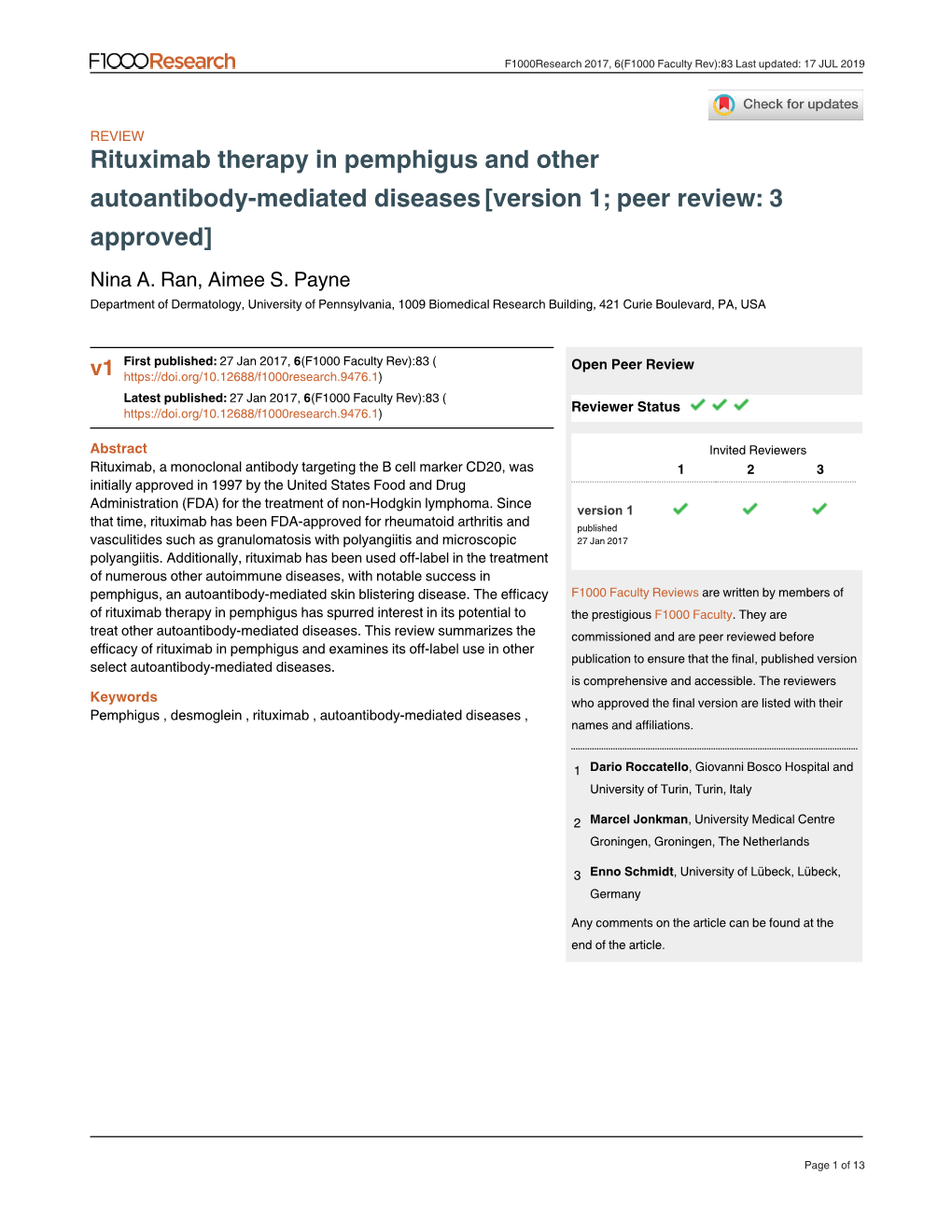 Rituximab Therapy in Pemphigus and Other Autoantibody-Mediated Diseases [Version 1; Peer Review: 3 Approved] Nina A