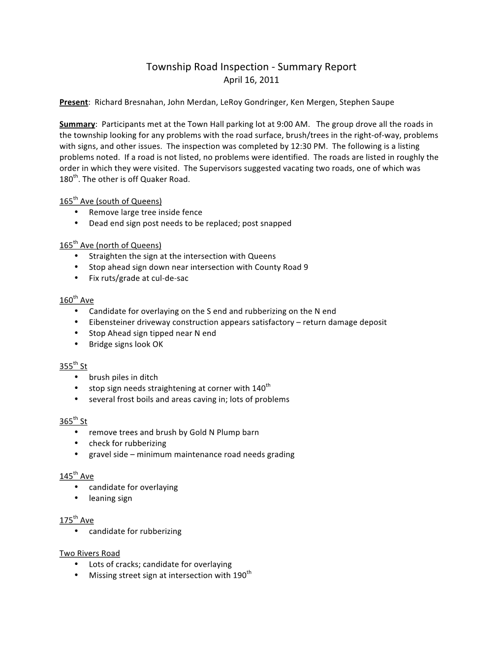 Township Road Inspection - Summary Report April 16, 2011