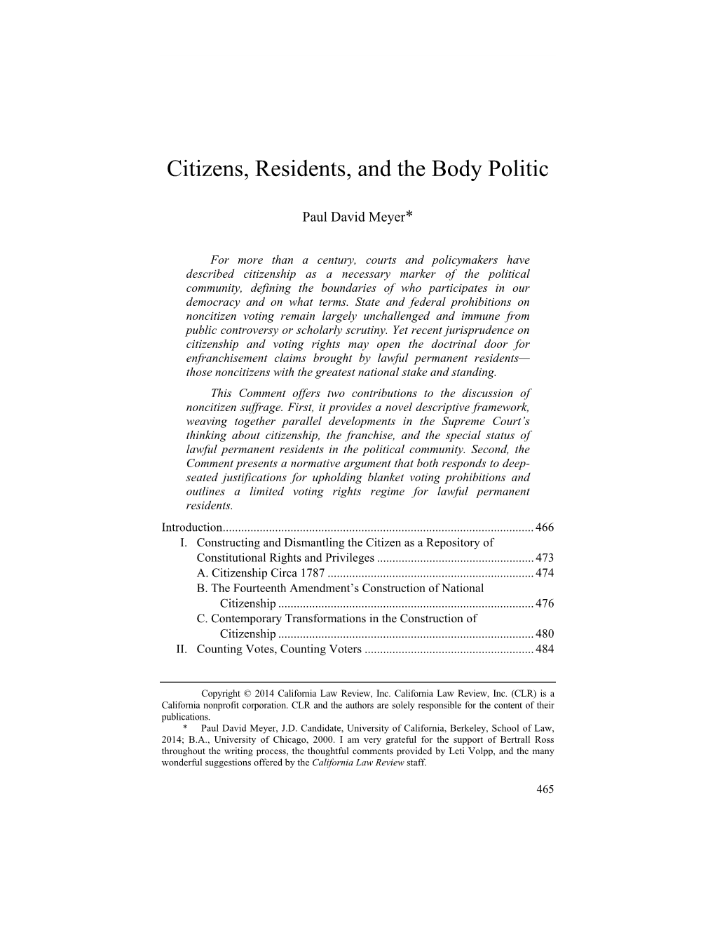 Citizens, Residents, and the Body Politic