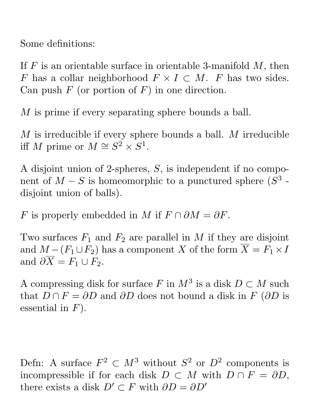 Some Definitions: If F Is an Orientable Surface in Orientable 3-Manifold M