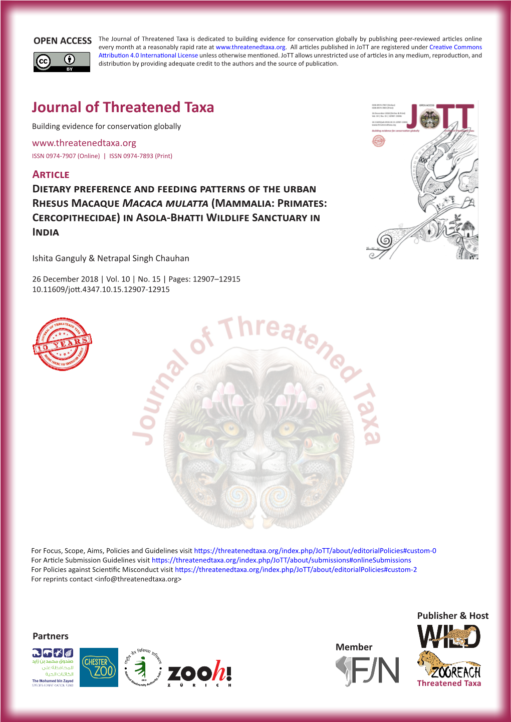 Dietary Preference and Feeding Patterns of the Urban Rhesus Macaque Macaca Mulatta (Mammalia: Primates: Cercopithecidae) in Asola-Bhatti Wildlife Sanctuary in India