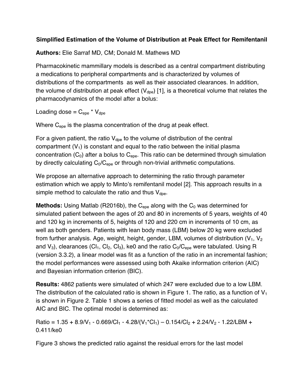 Simplified Estimation of the Volume of Distribution at Peak Effect for Remifentanil