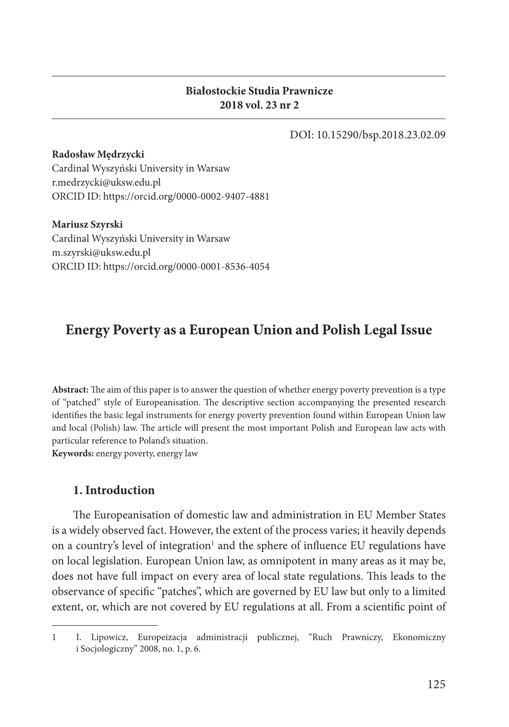 Energy Poverty As a European Union and Polish Legal Issue