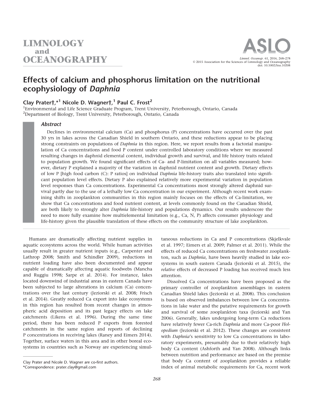 Effects of Calcium and Phosphorus Limitation on the Nutritional Ecophysiology of Daphnia