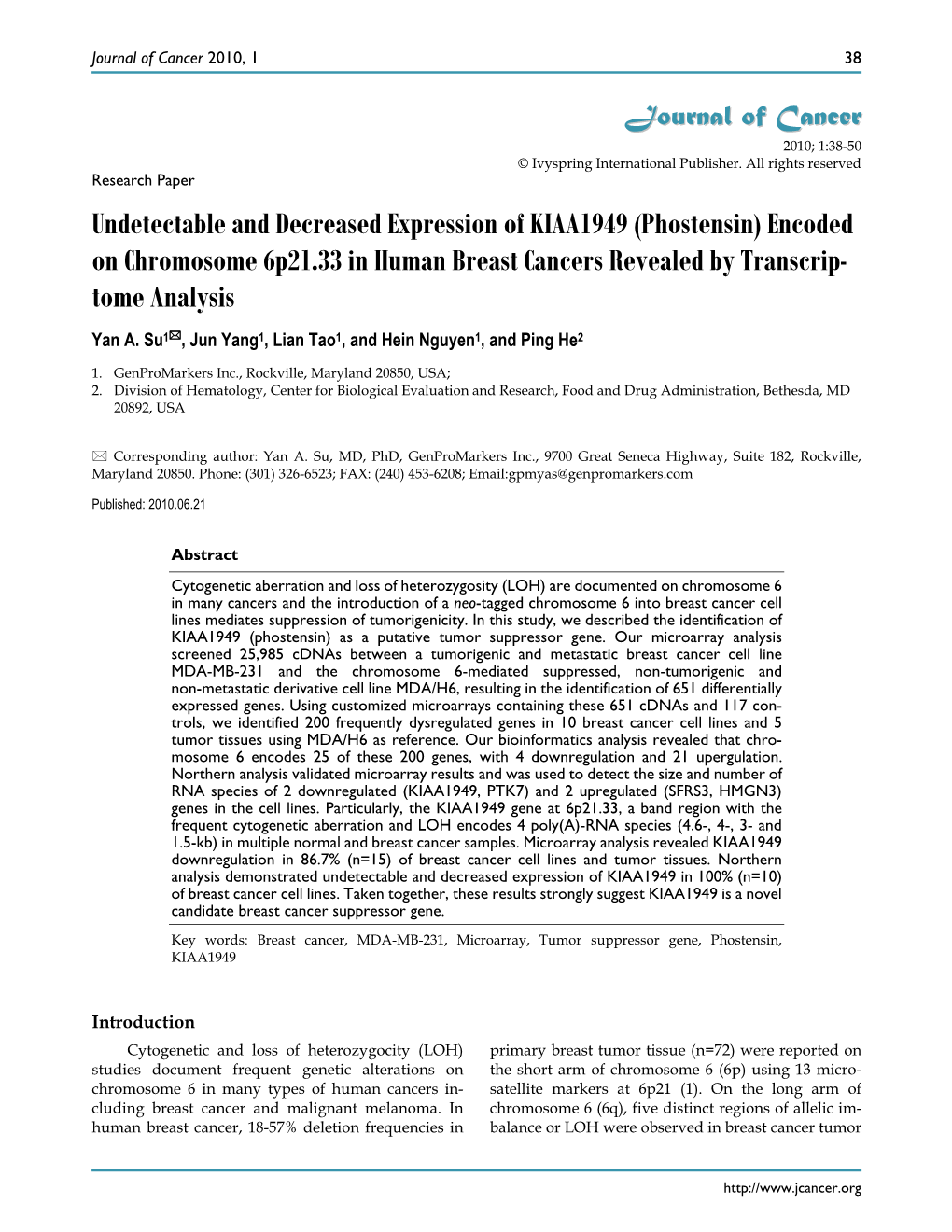 Encoded on Chromosome 6P21.33 in Human Breast Cancers Revealed by Transcrip- Tome Analysis Yan A