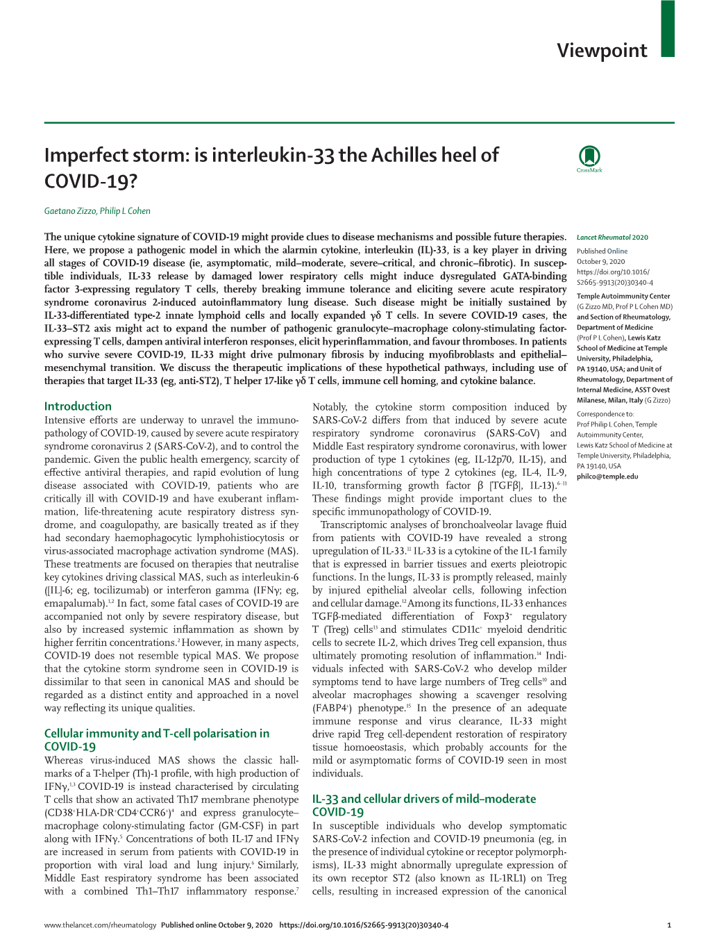 Imperfect Storm: Is Interleukin-33 the Achilles Heel of COVID-19?