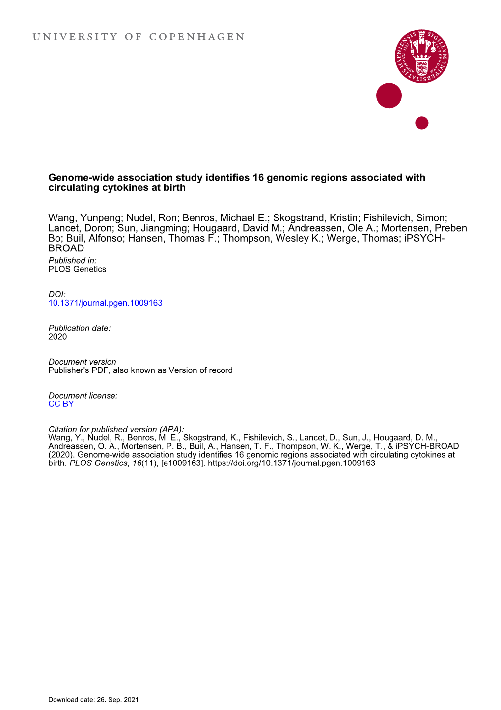 Genome-Wide Association Study Identifies 16 Genomic Regions Associated with Circulating Cytokines at Birth