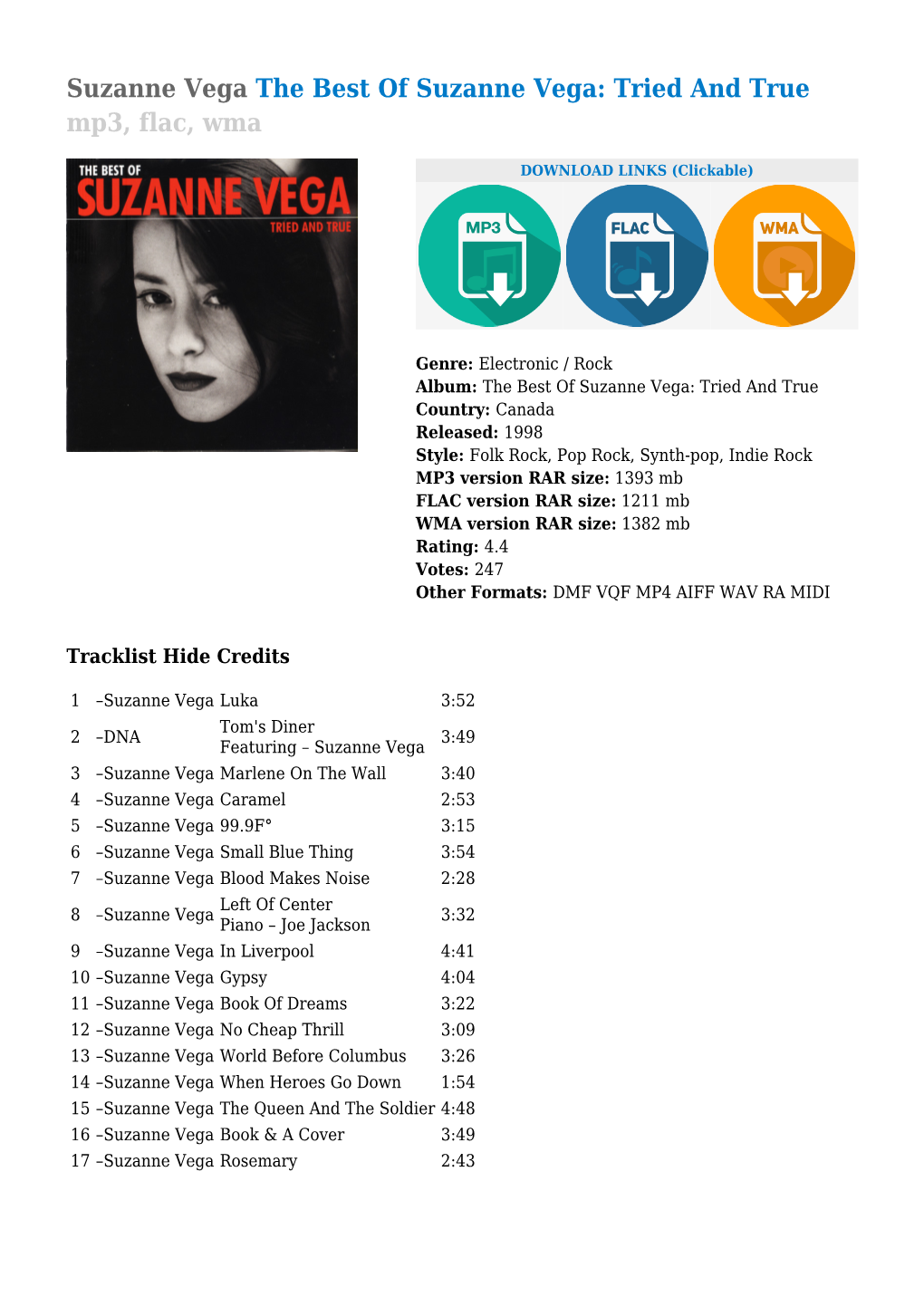 Suzanne Vega the Best of Suzanne Vega: Tried and True Mp3, Flac, Wma